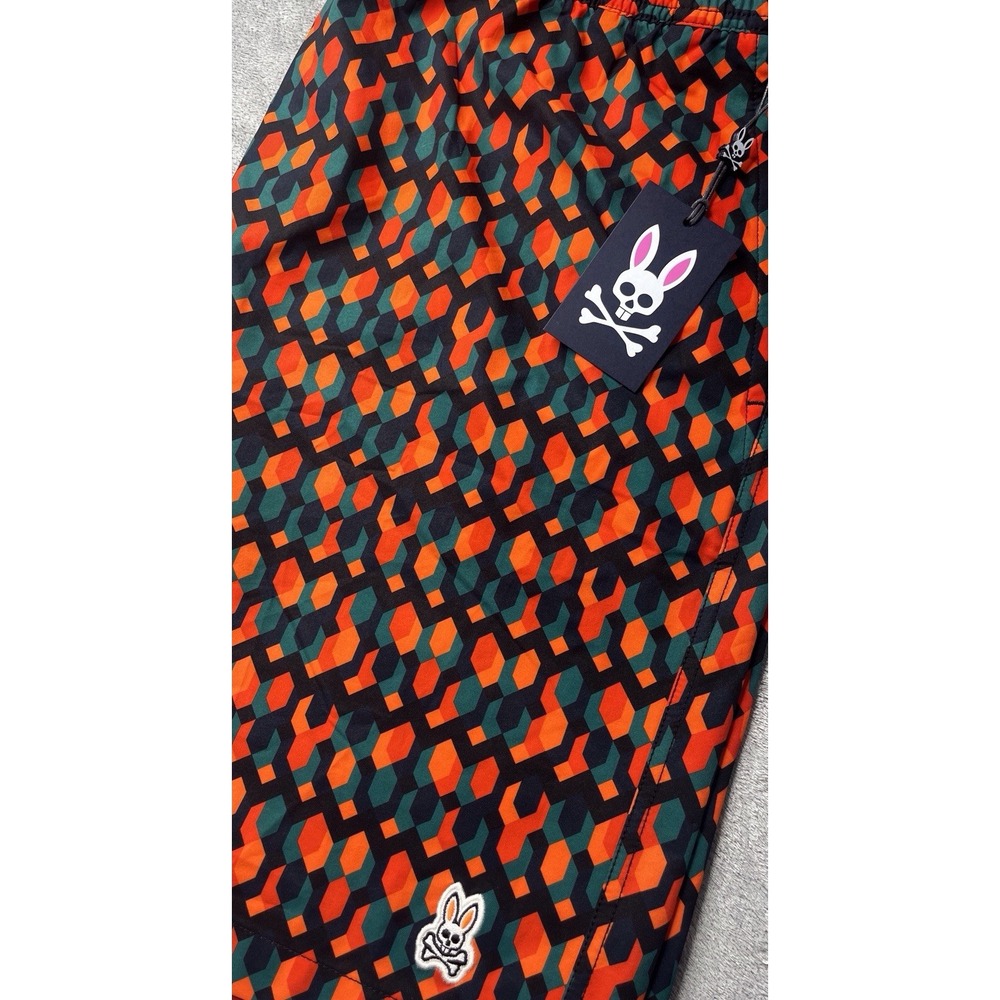 Psycho Bunny Mens Geometric Honeycomb‎ Swim Trunks Orange Green Black New